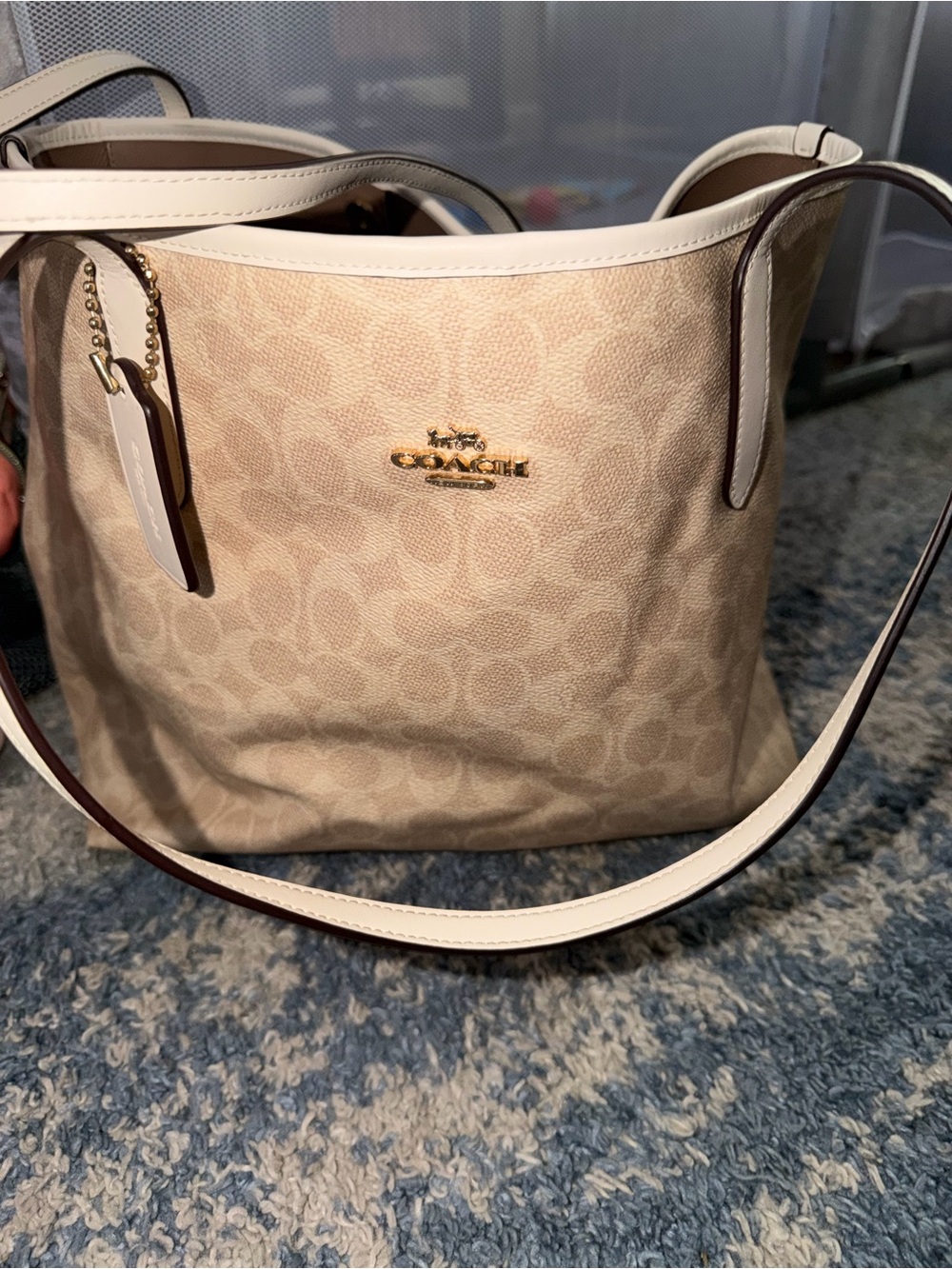 Coach Beige Signature Canvas Shoulder Bag with White Trim